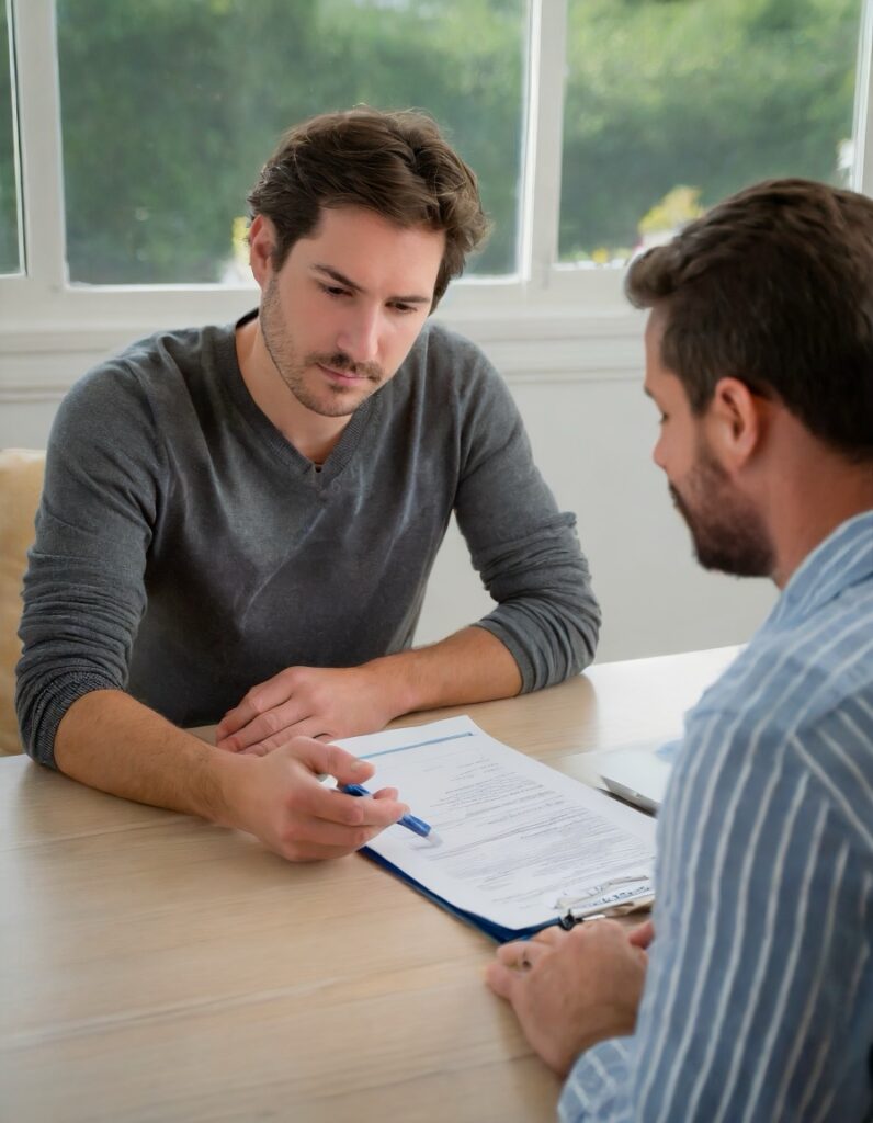 A concerned homeowner discussing flood insurance with an agent