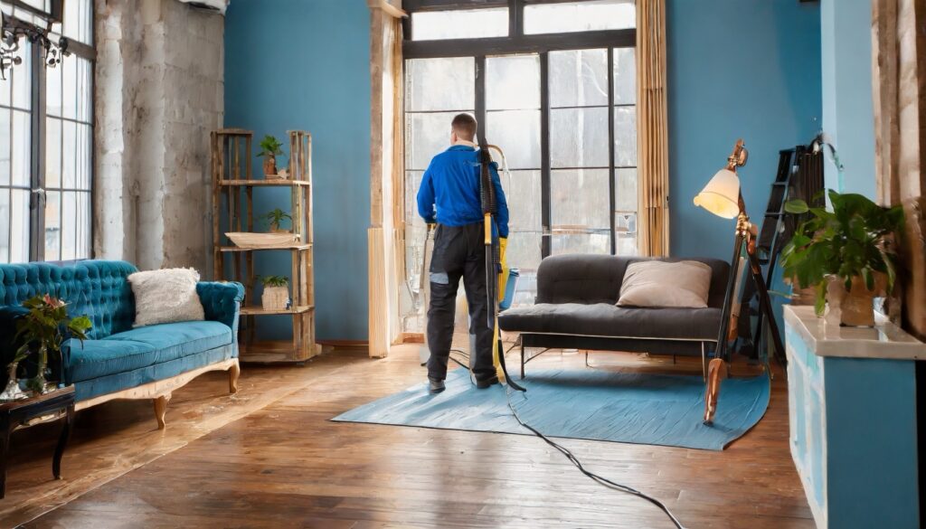 cozy living room, after professional water extraction and restoration. a water restoration