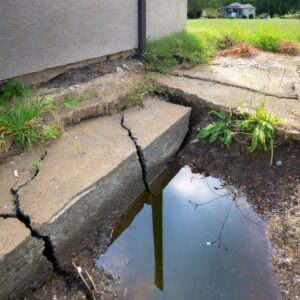 A cracked foundation of a house with water seeping through