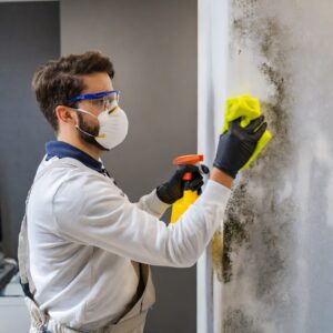 A male worker in protective gear cleaning mold from a wall