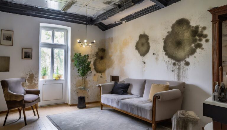 A picture of a cozy, well-decorated room with visible mold spots on the wall or ceiling