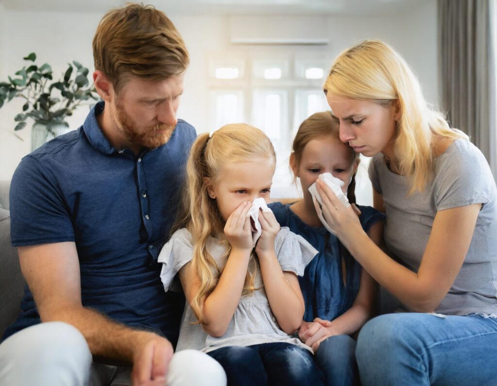 A picture of a family, each member experiencing different health symptoms