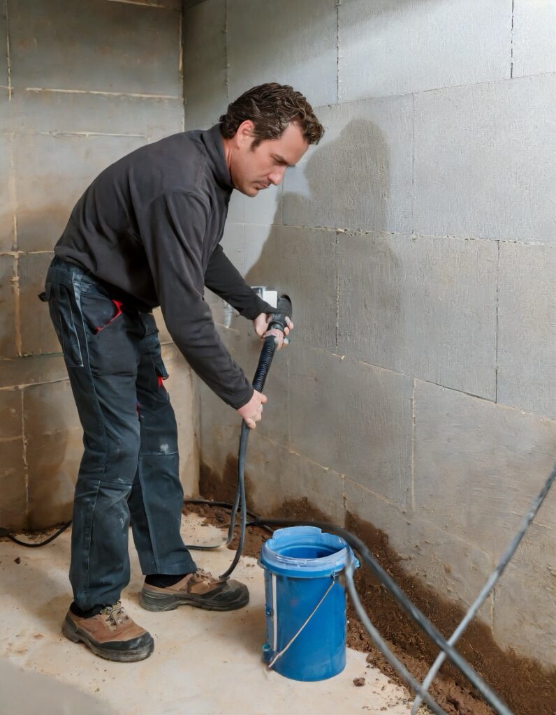 A professional applying waterproofing measures to a basement wall, with a sump pump visible 